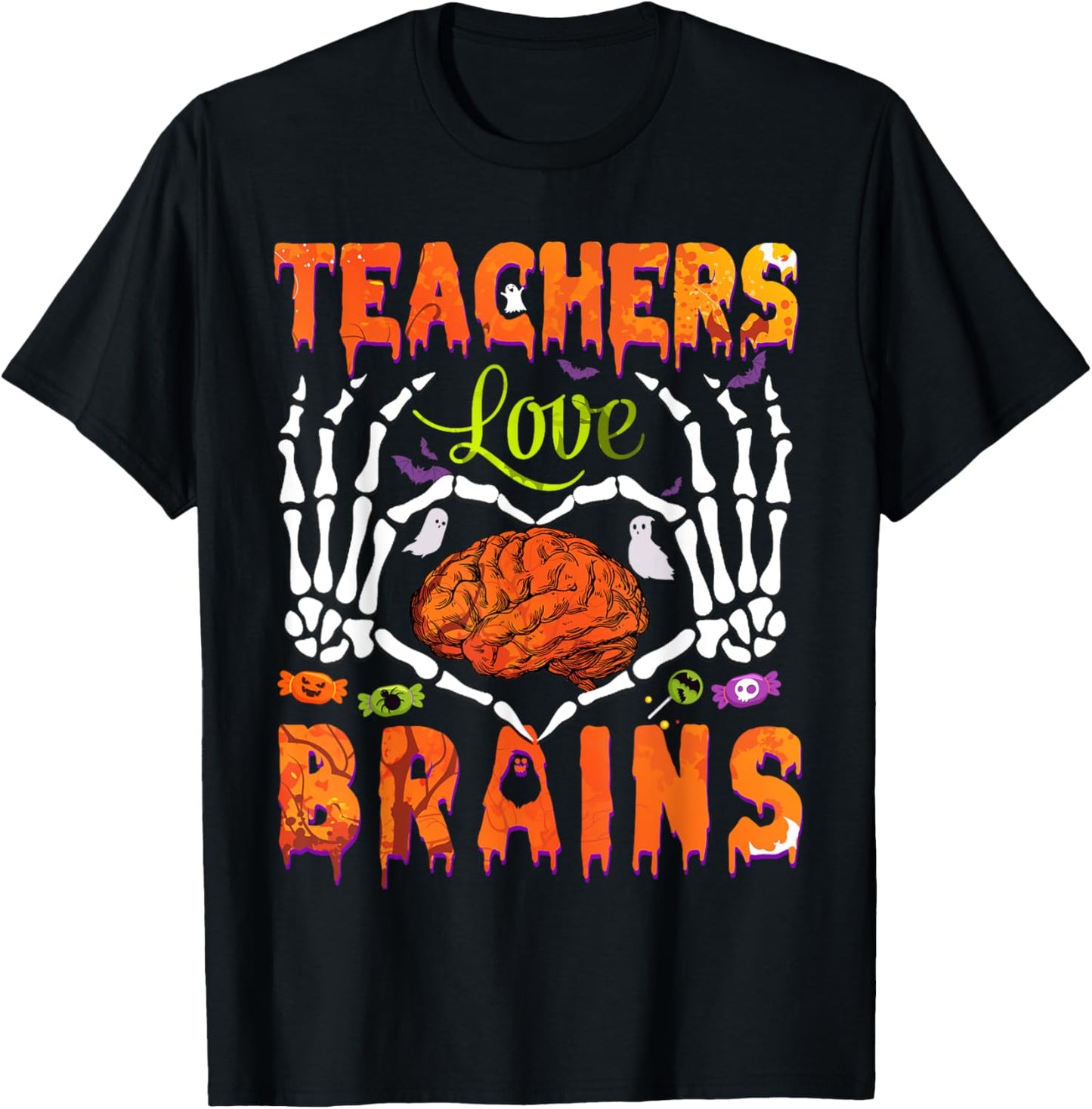 Halloween Heart Skeleton Teachers Love Brains Men Women Kids T-Shirt - T-Shirt | Black