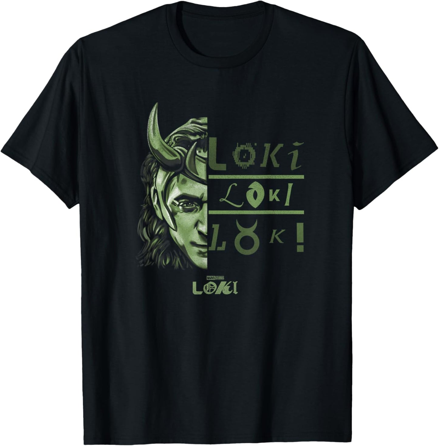 Marvel Loki Split Face Loki Logo Stack T-Shirt - T-Shirt | Black