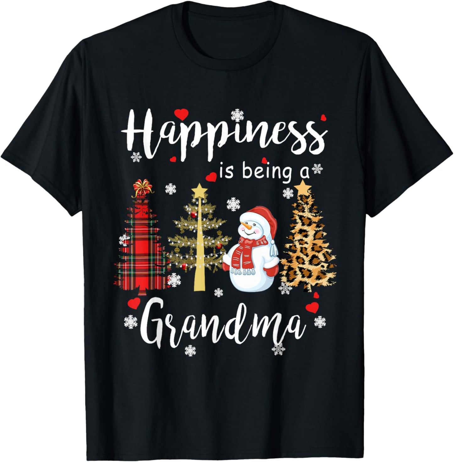 Happiness is being a Grandma Christmas Plaid Tree Snowman T-Shirt - T-Shirt | Black