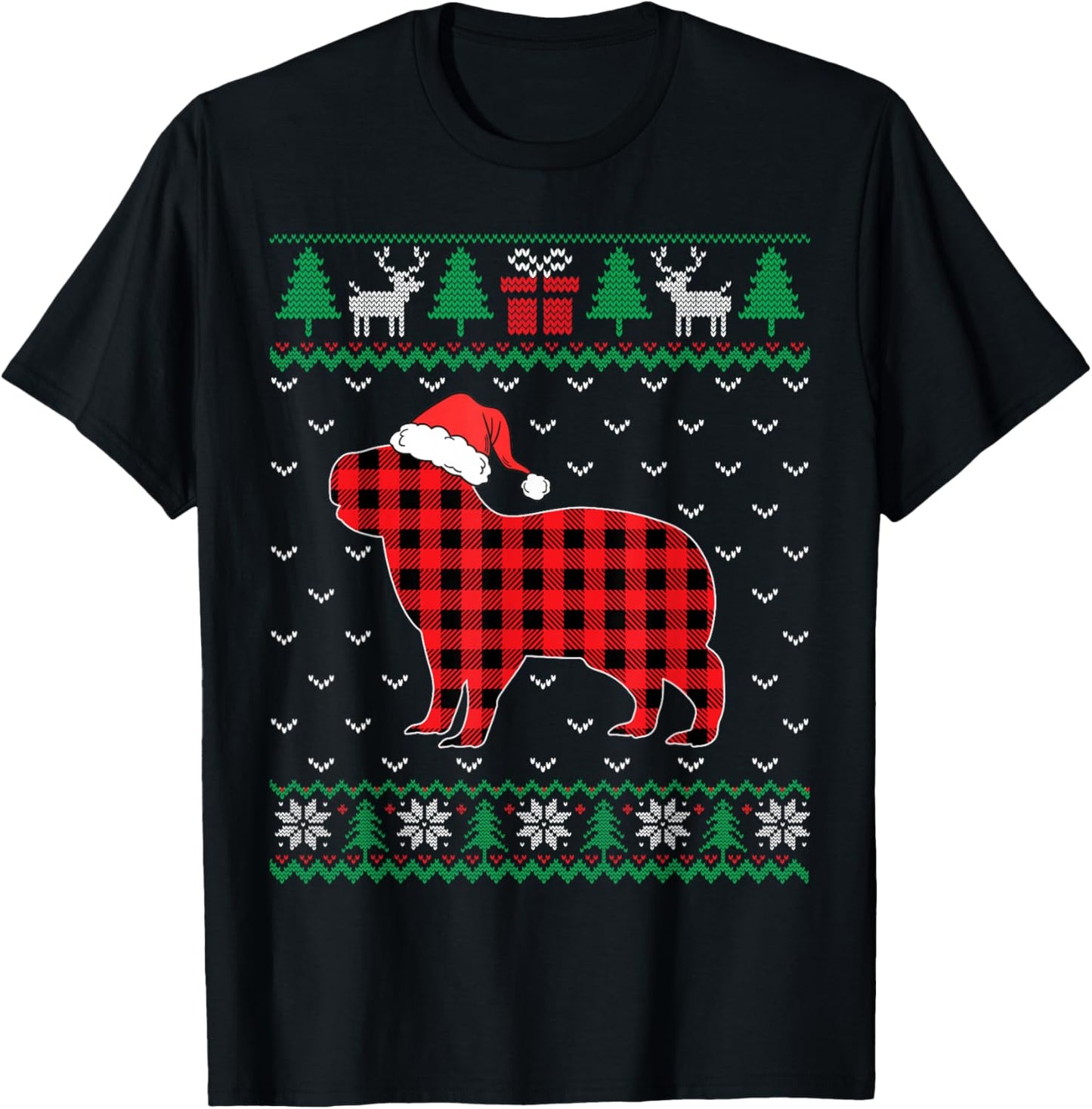 Capybara Red Plaid Ugly Christmas Sweater Matching Pajamas T-Shirt - T-Shirt | Black