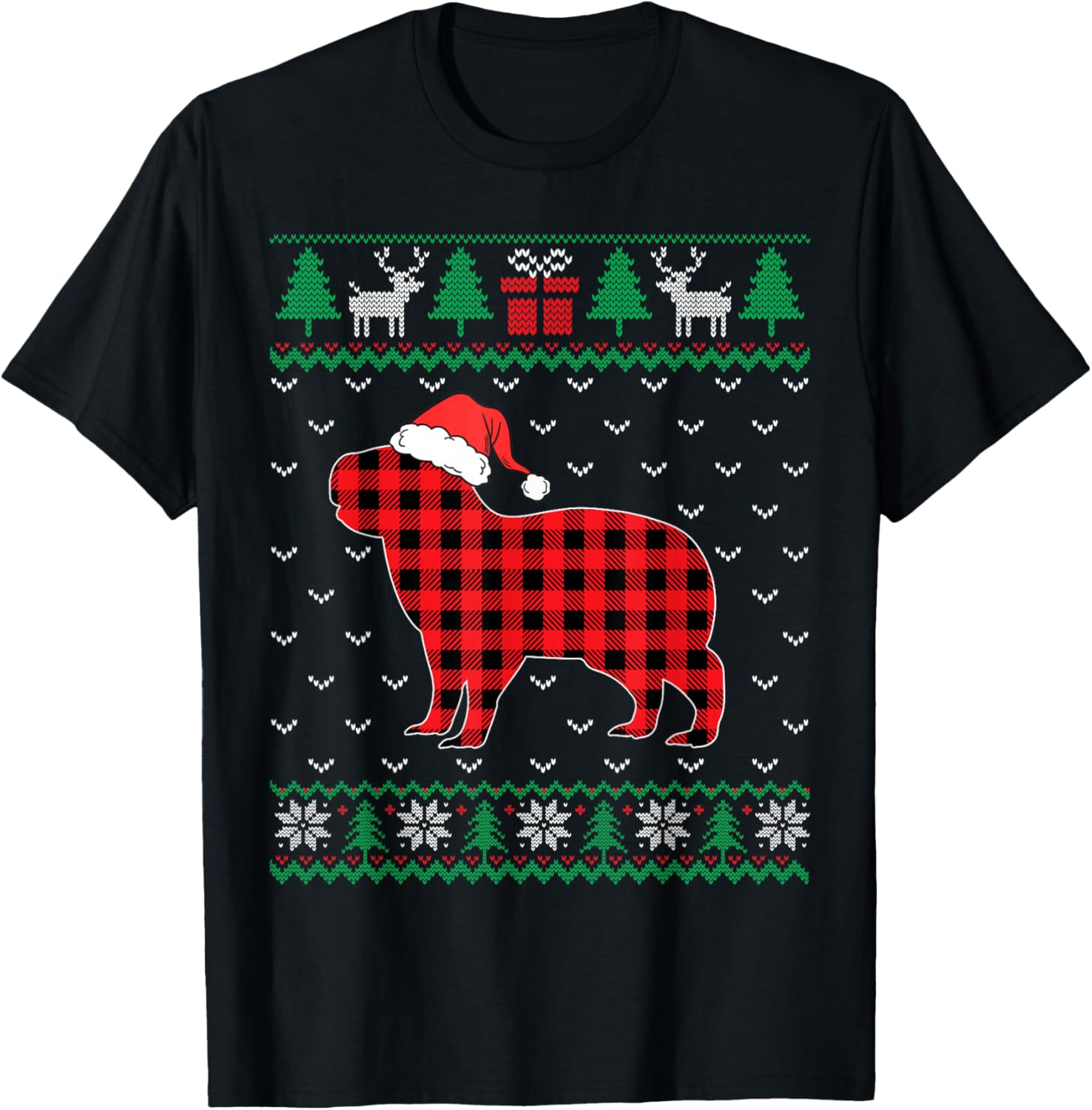 Capybara Red Plaid Ugly Christmas Sweater Matching Pajamas T-Shirt - T-Shirt | Black