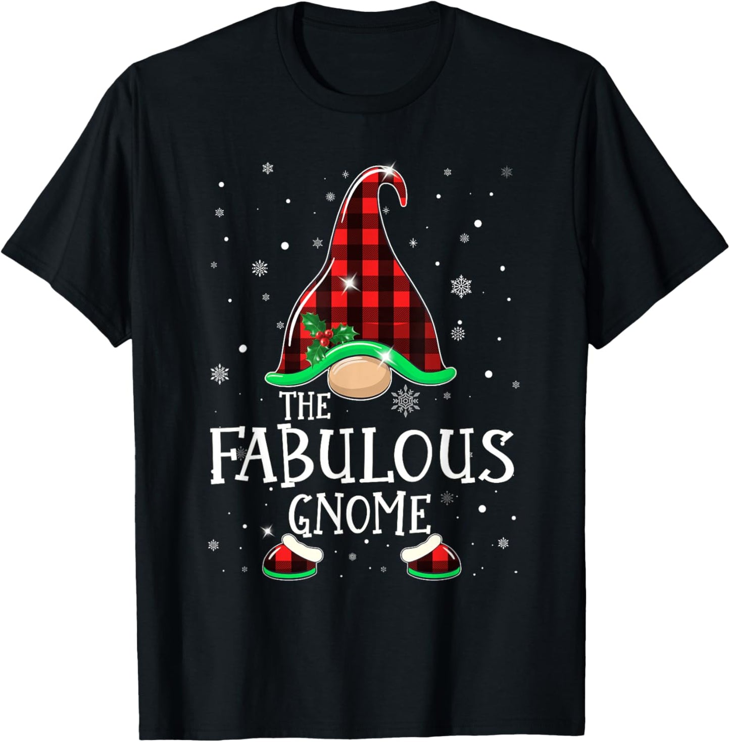 Funny FABULOUS Gnome Buffalo Plaid Matching Christmas Pajama T-Shirt - T-Shirt | Black