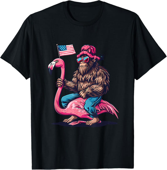 4th Of July Funny Bigfoot Flamingo American Flag USA T-Shirt - T-Shirt | Black