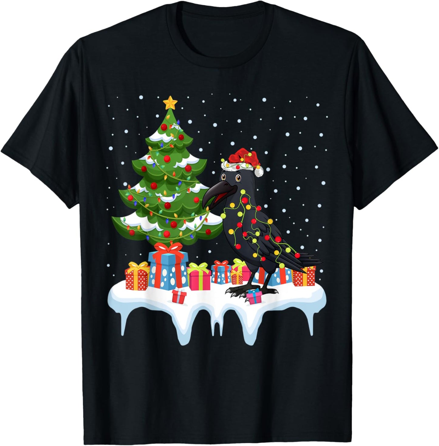 Xmas Lighting Tree Santa Hat Raven Christmas T-Shirt - T-Shirt | Black
