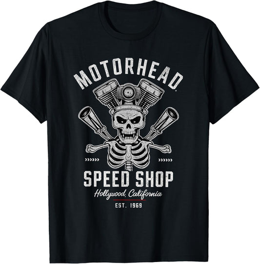 Skeleton Motor Head Speed Shop Hot Rod Mechanic Car Lover T-Shirt - T-Shirt | Black