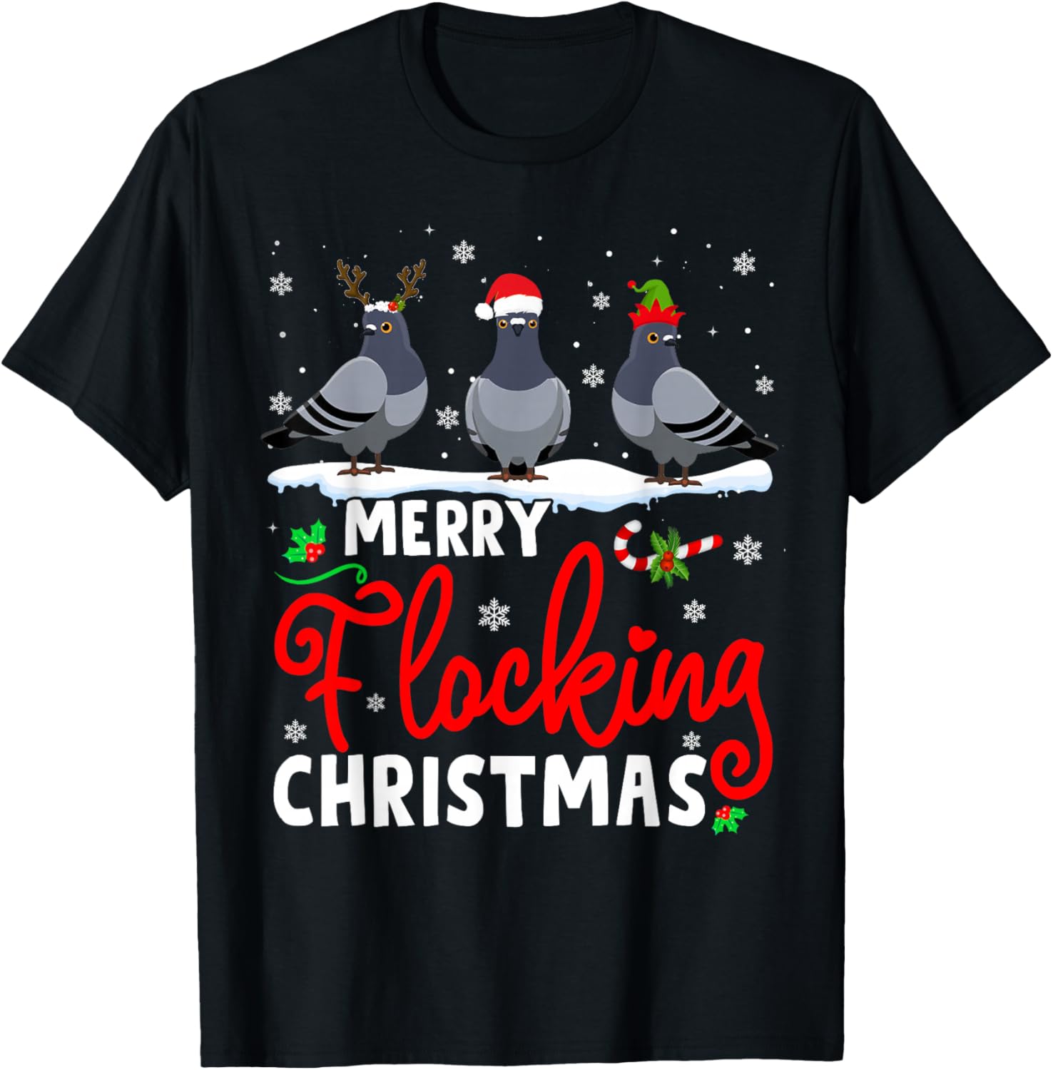 Merry Flocking Christmas Reindeer Santa ELF Pigeon Xmas T-Shirt - T-Shirt | Black