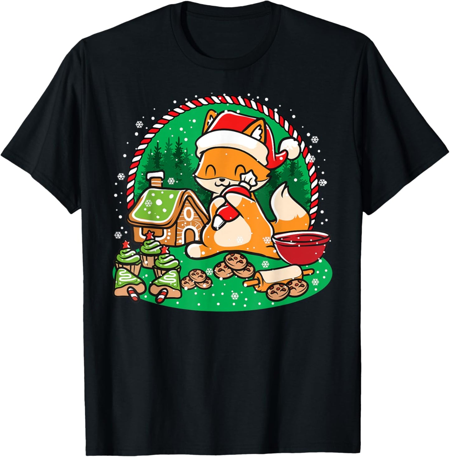 Gingerbread House Xmas Cookie Baking Team Cute Fox Baker T-Shirt - T-Shirt | Black