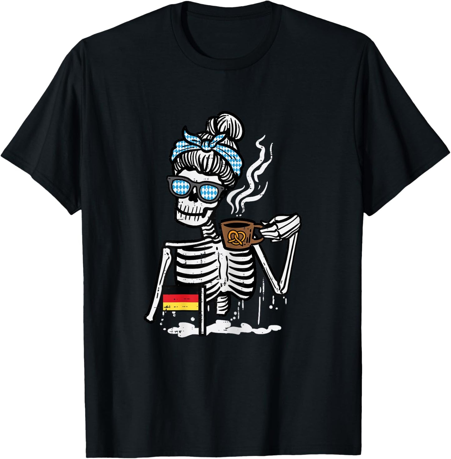 Oktoberfest Skeleton Messy Bun Coffee German Mom Women Girls T-Shirt - T-Shirt | Black
