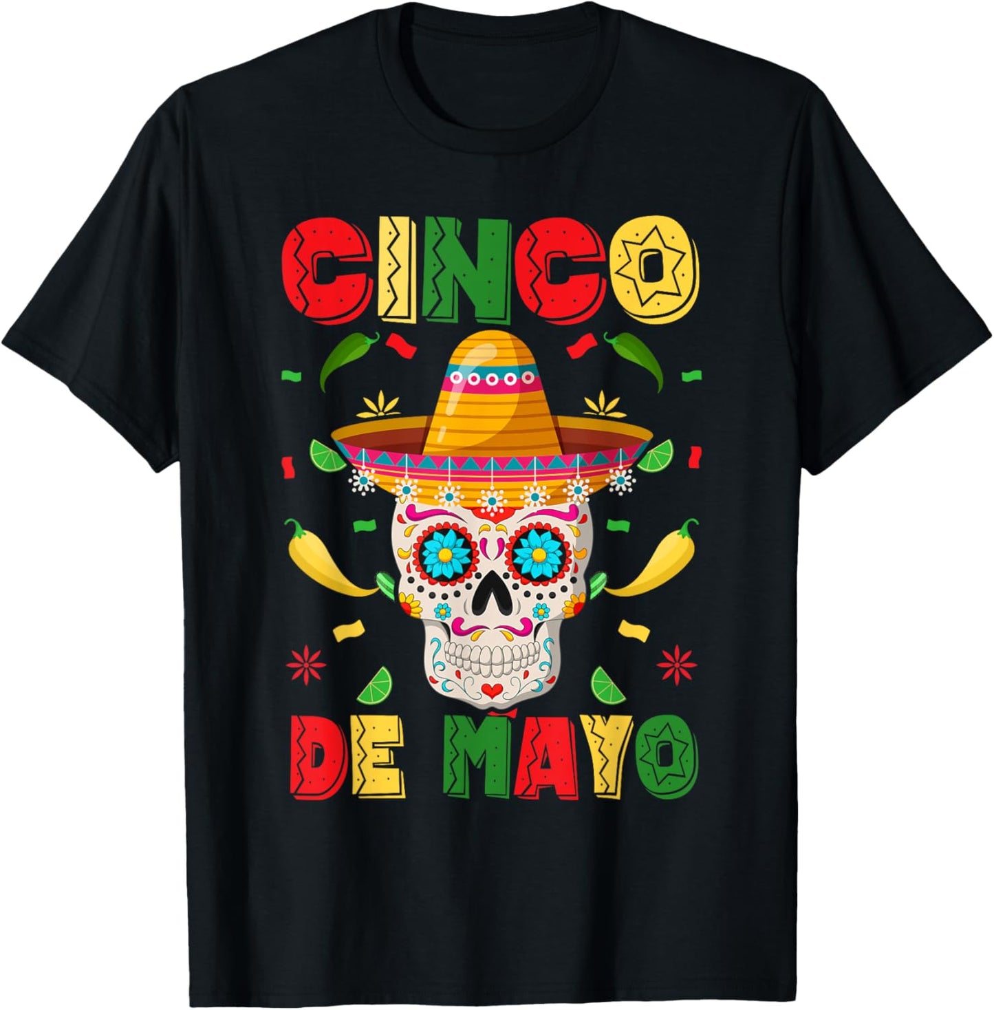 Cinco De Mayo Party Sugar Skull Men Women Mexican Fiesta T-Shirt - T-Shirt | Black