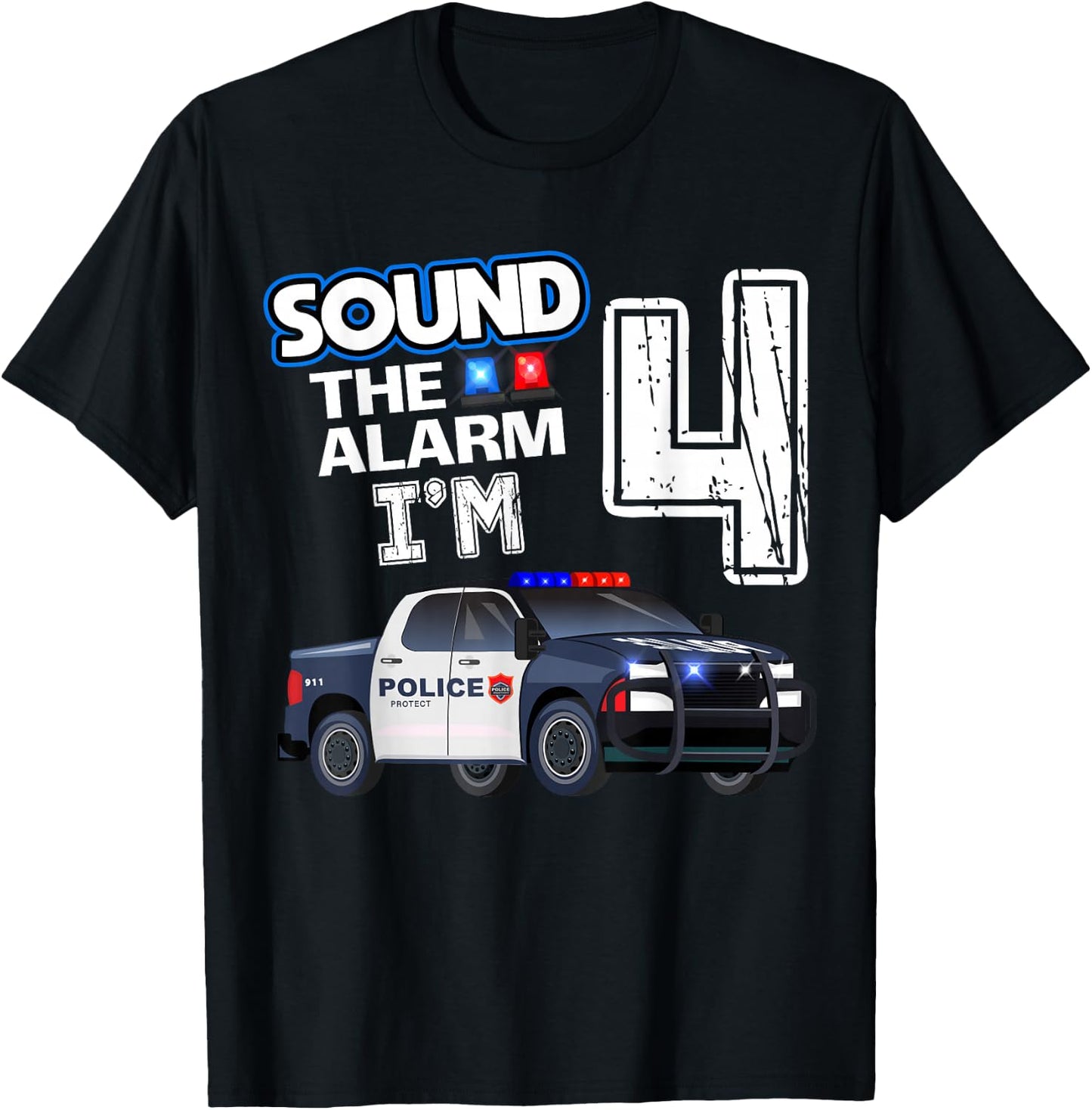 4th B-Day Police Car Policeman Officer Birthday 4 Year Old T-Shirt - T-Shirt | Black