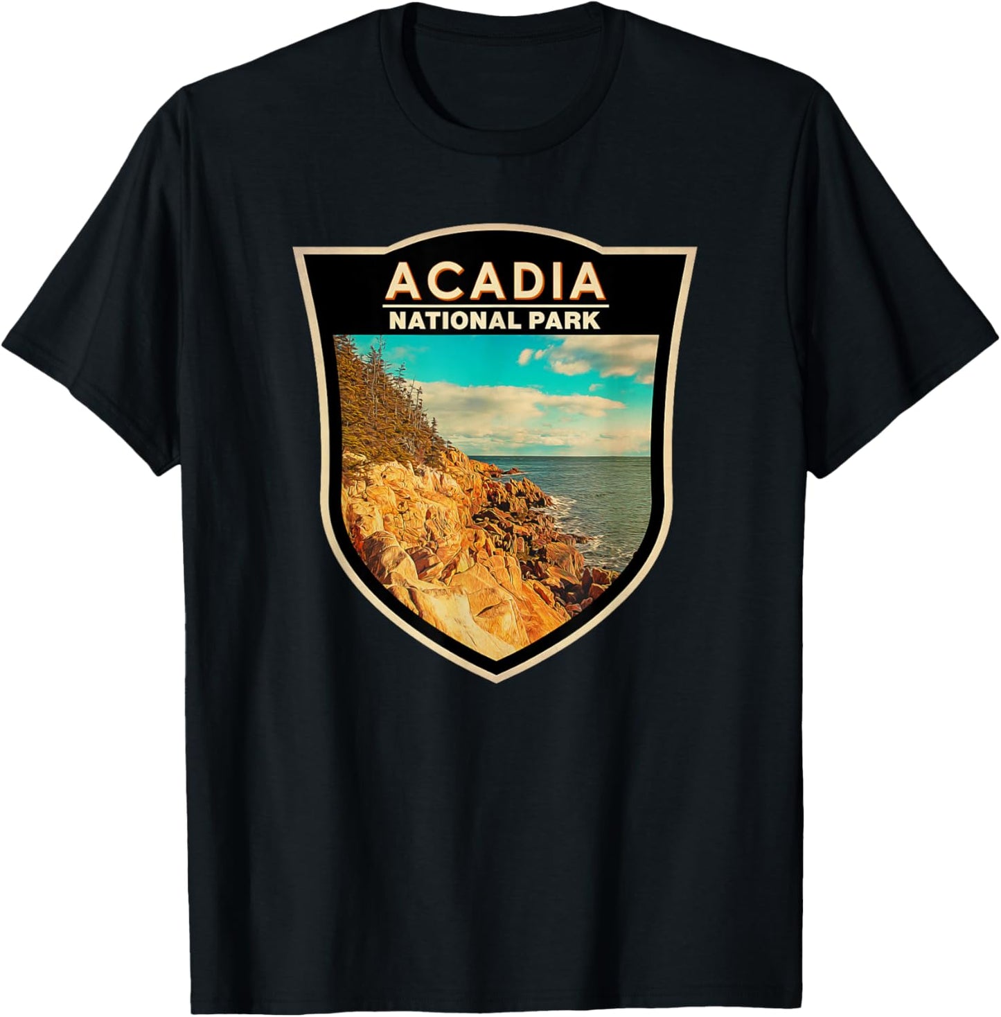 Acadia National Park Maine Bar Harbor Watercolor Badge T-Shirt - T-Shirt | Black