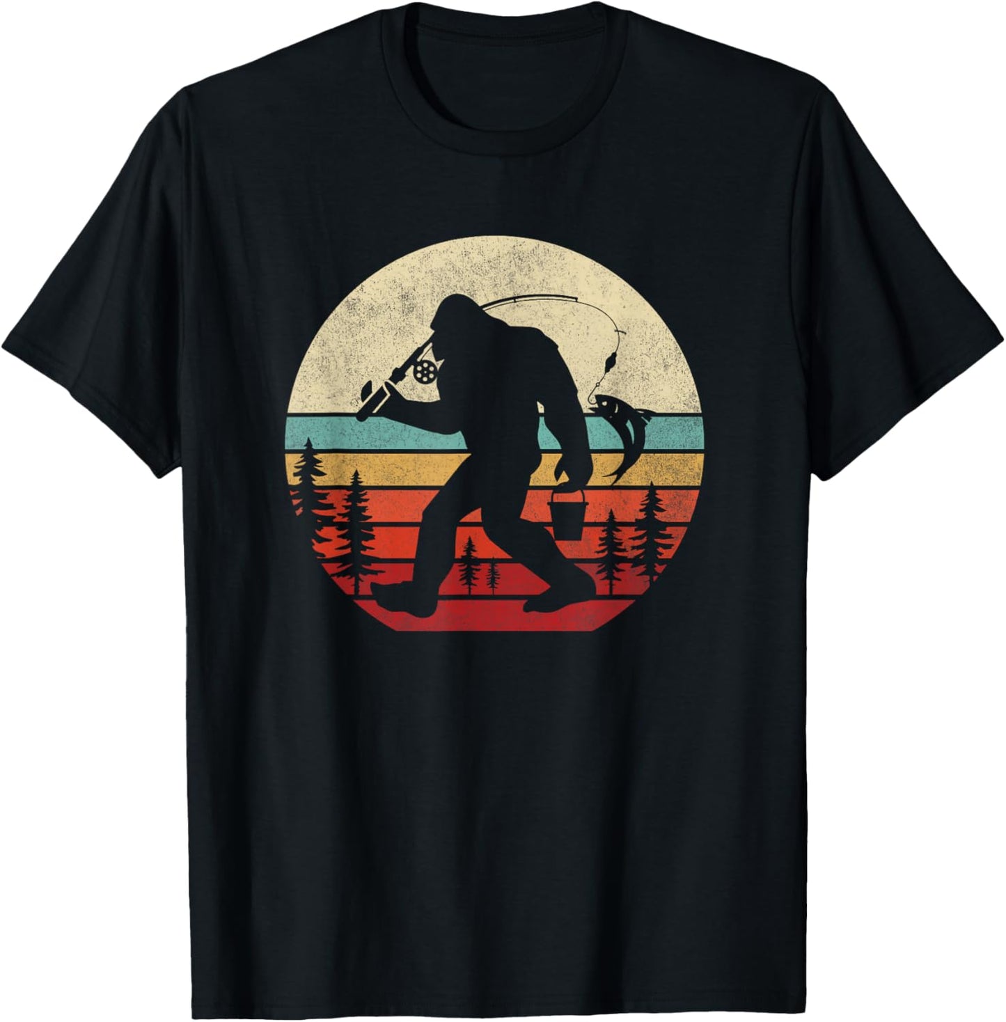 Bigfoot Fishing Funny Retro Sasquatch Dad Men Kids T-Shirt - T-Shirt | Black