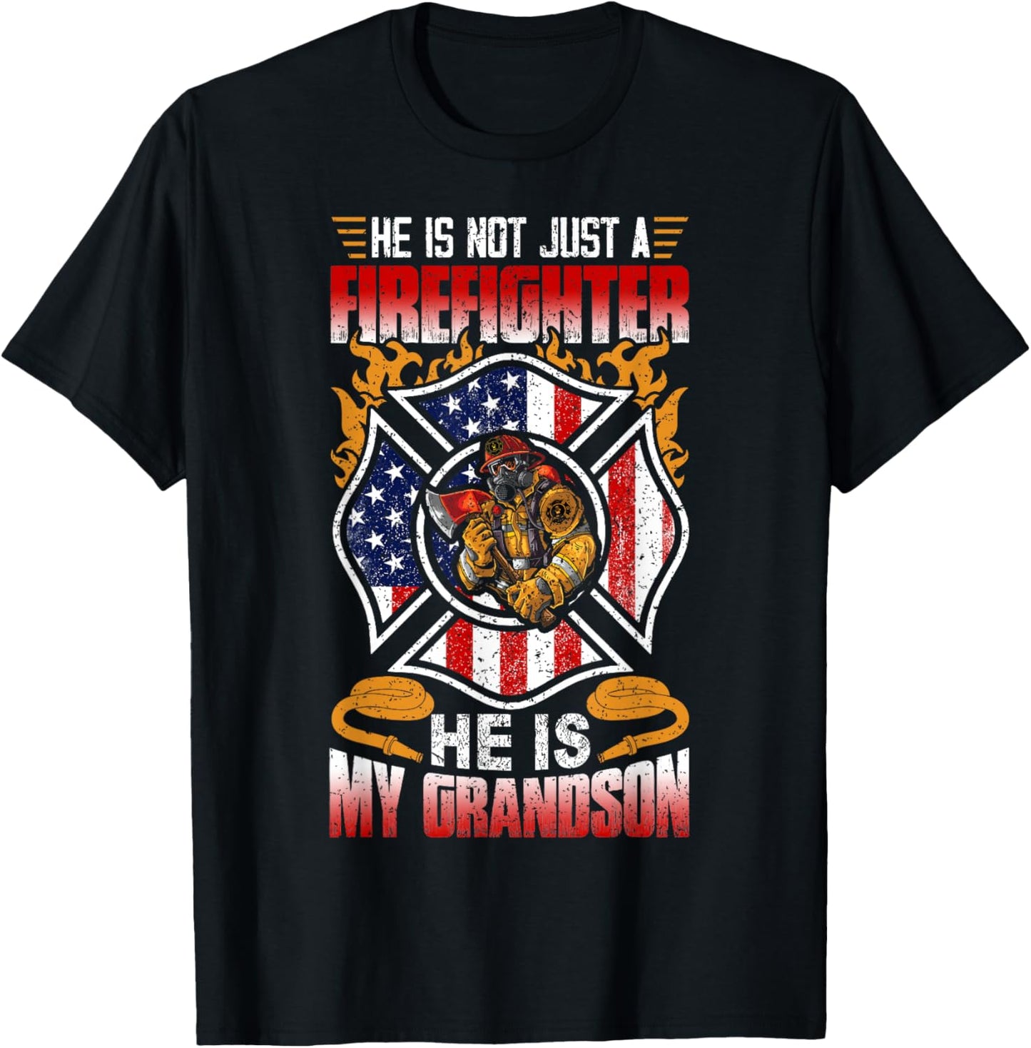 My Grandson Is A Firefighter Proud Grandma Grandpa Gift T-Shirt - T-Shirt | Black