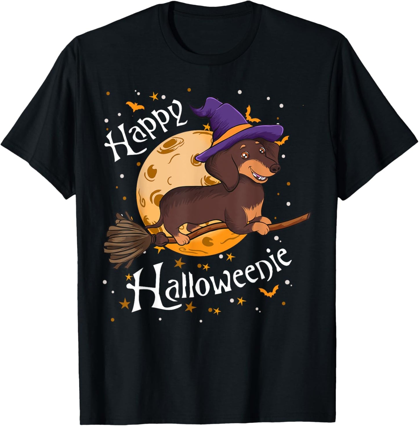 Happy Halloweenie Dachshund Dog Halloween Witch Wiener Broom Men Women Kids T-Shirt - T-Shirt | Black