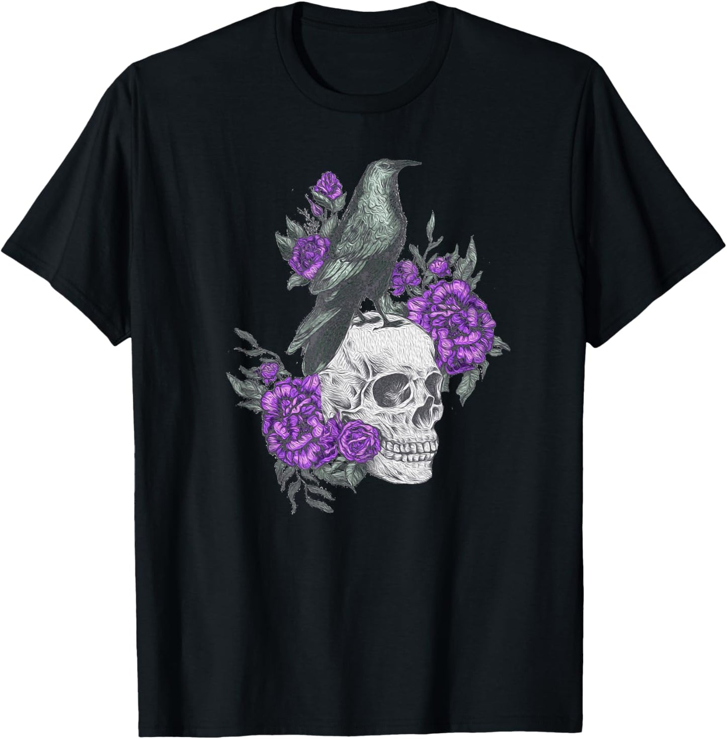 Vintage Sugar Skull and Crow Purple Rose Day of the Dead T-Shirt - T-Shirt | Black