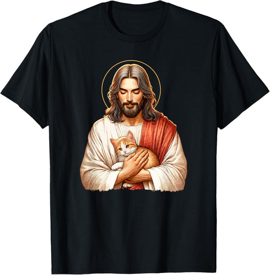 Cat Lover, Jesus Holding A Cat, Funny Christian Art Women Girls Kids T-Shirt - T-Shirt | Black