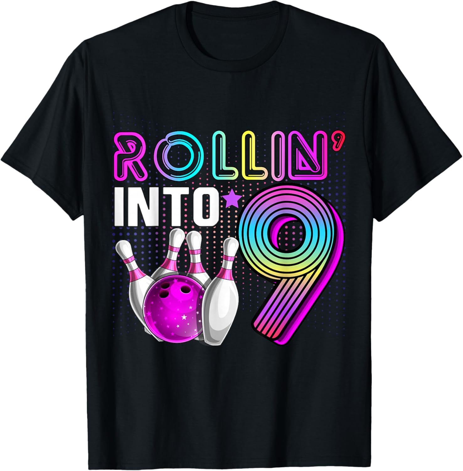 Rollin into 9 Bowling Birthday Party 9th Birthday Retro Girl T-Shirt - T-Shirt | Black