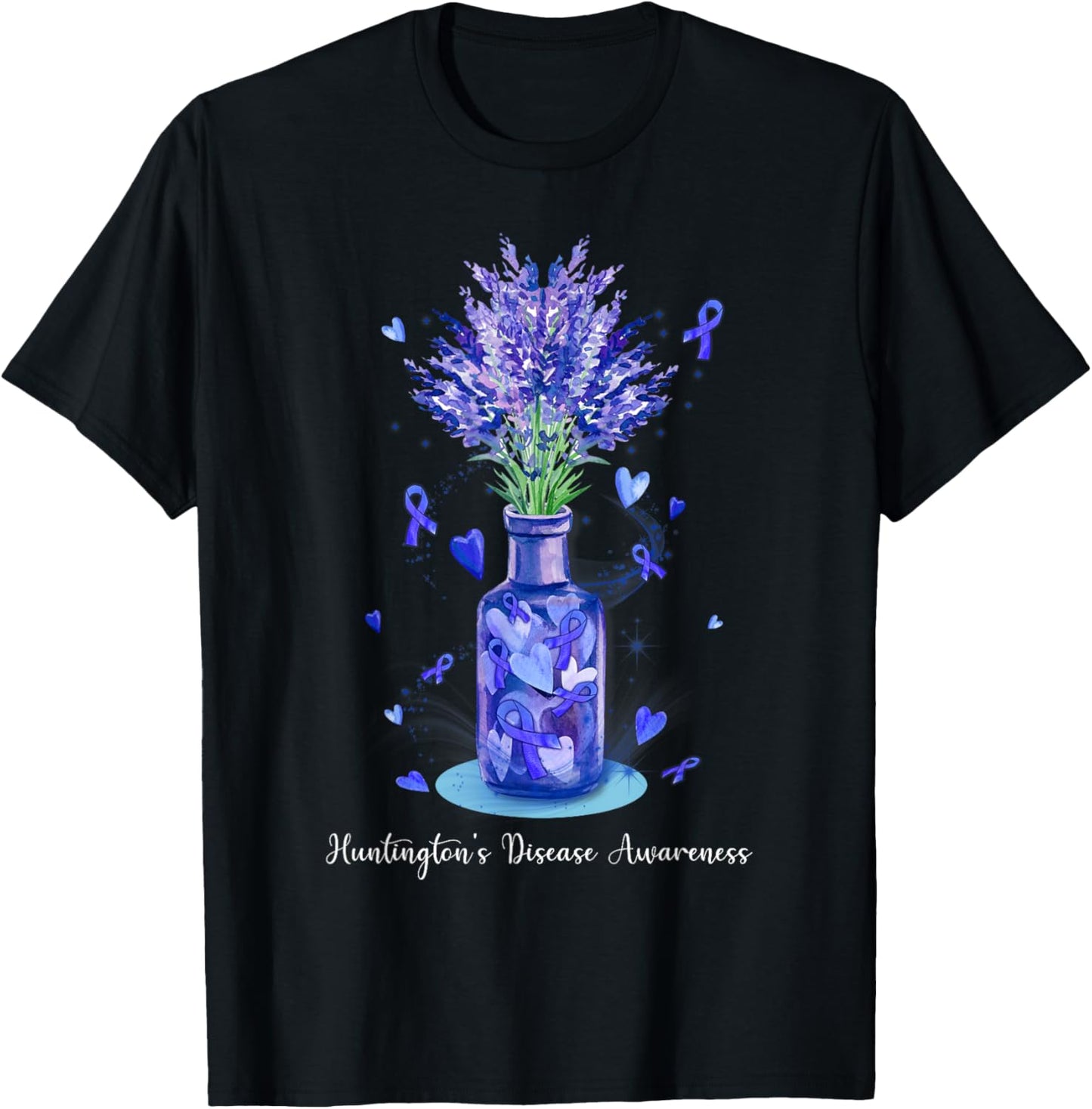 Floral Blue Ribbon Huntington's Disease Awareness T-Shirt - T-Shirt | Black