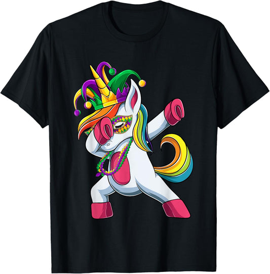 Dabbing Unicorn Jester Mardi Gras Shirt, Kids Girls T-Shirt - T-Shirt | Black