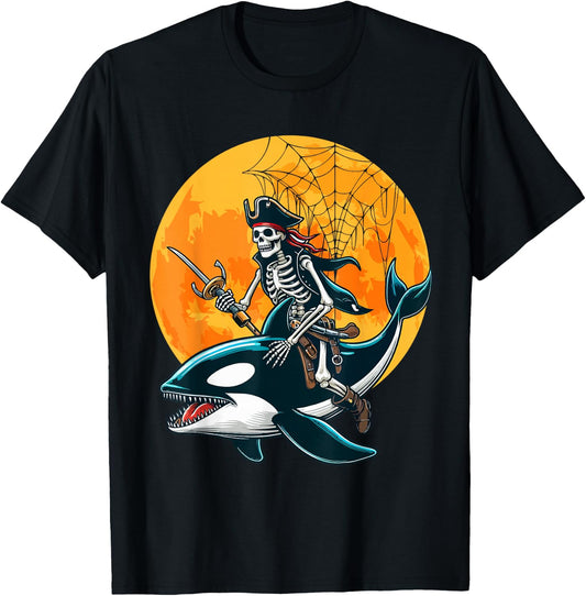 Pirate Skeleton Riding Orca Halloween Sea Animal Lover T-Shirt - T-Shirt | Black