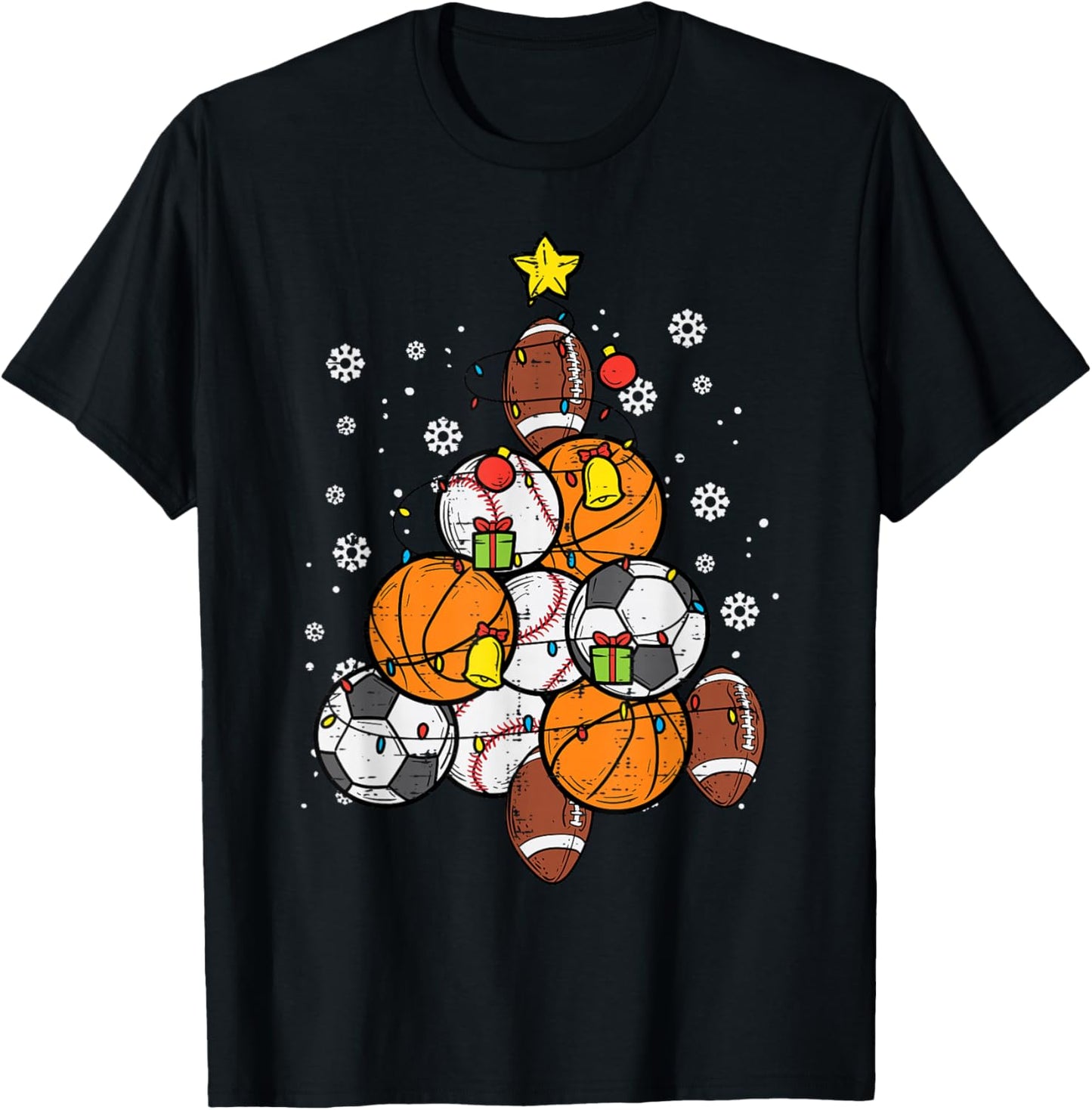 Sport Christmas Tree Football Soccer Baseball Basketball T-Shirt - T-Shirt | Black