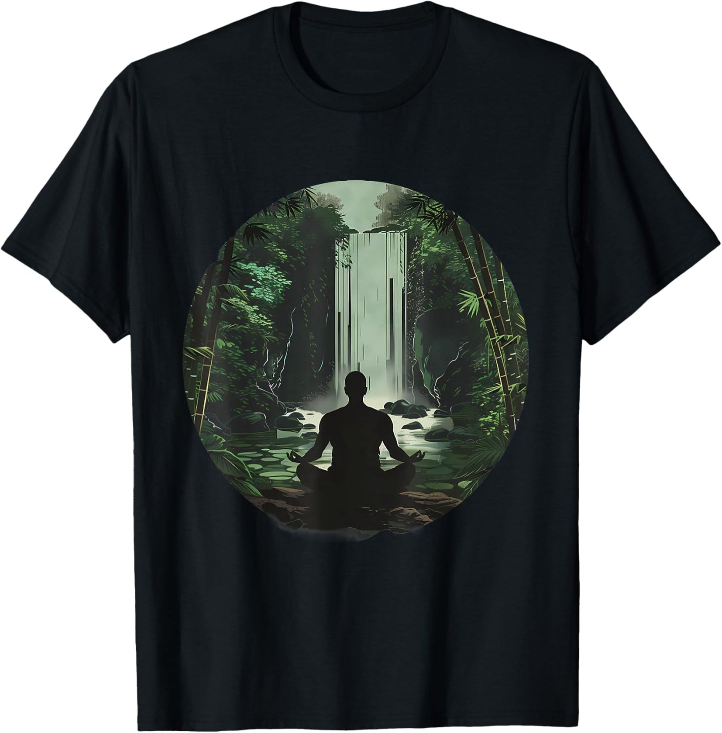 Meditation Zen Buddha Waterfall Buddhist Hindu Yoga Nature T-Shirt - T-Shirt | Black