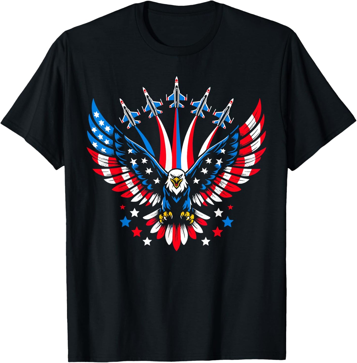 Eagle Patriotic Red Blue USA Flag Fighter Jets 4th of July T-Shirt - T-Shirt | Black