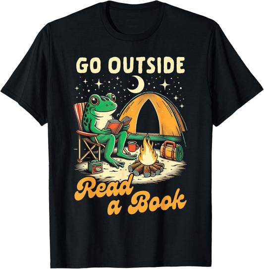 Camping Lover Camper Frog Reading Go Outside Reads A Book T-Shirt - T-Shirt | Black