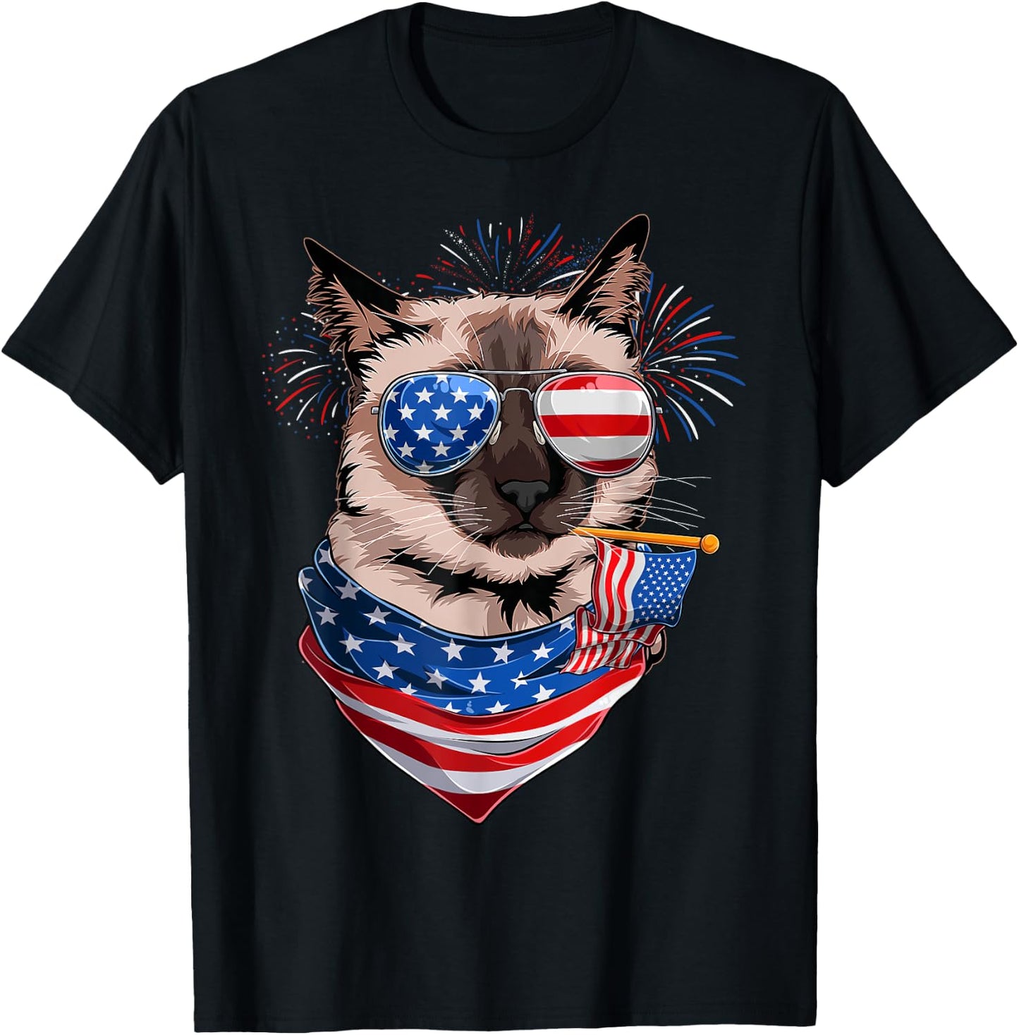 Funny Meowica Siamese Cat Lover Owner USA Flag 4th Of July T-Shirt - T-Shirt | Black