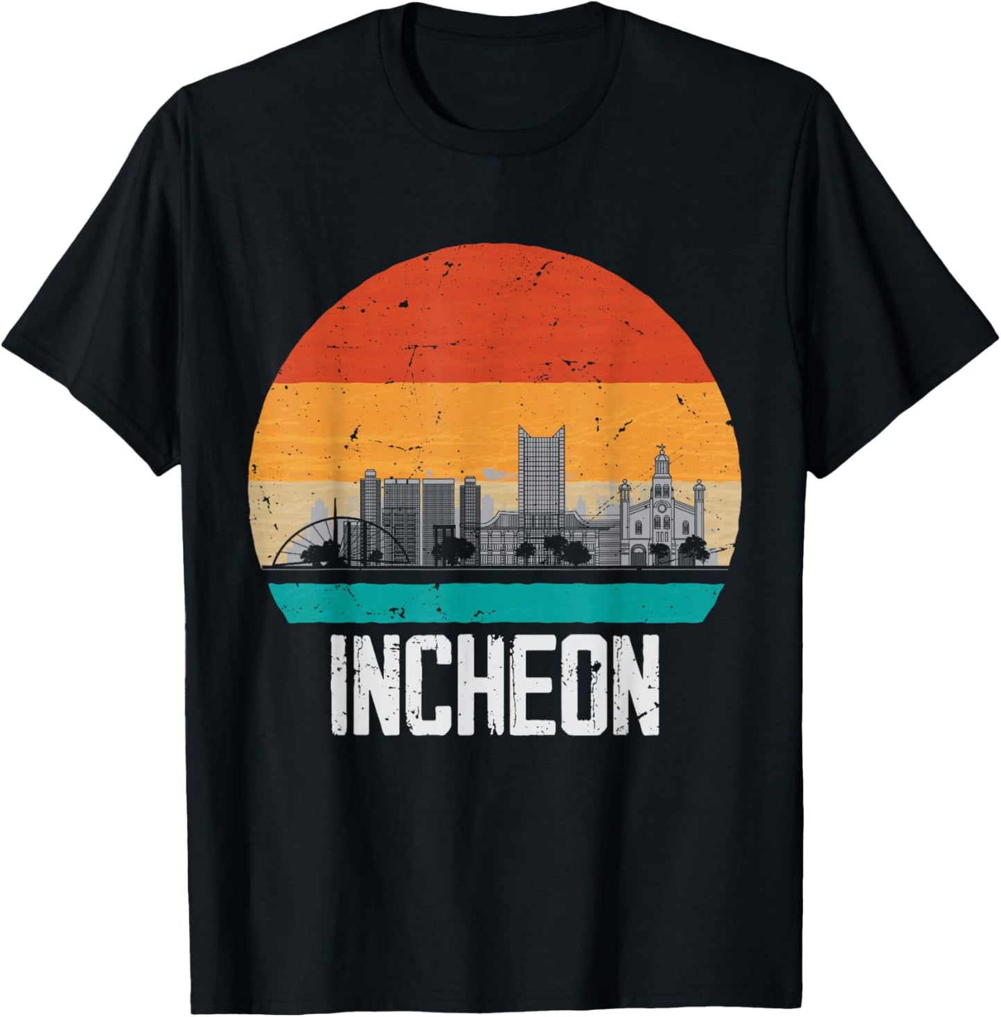 Incheon South Korea Retro Vintage Sunset Skyline Incheon T-Shirt - T-Shirt | Black