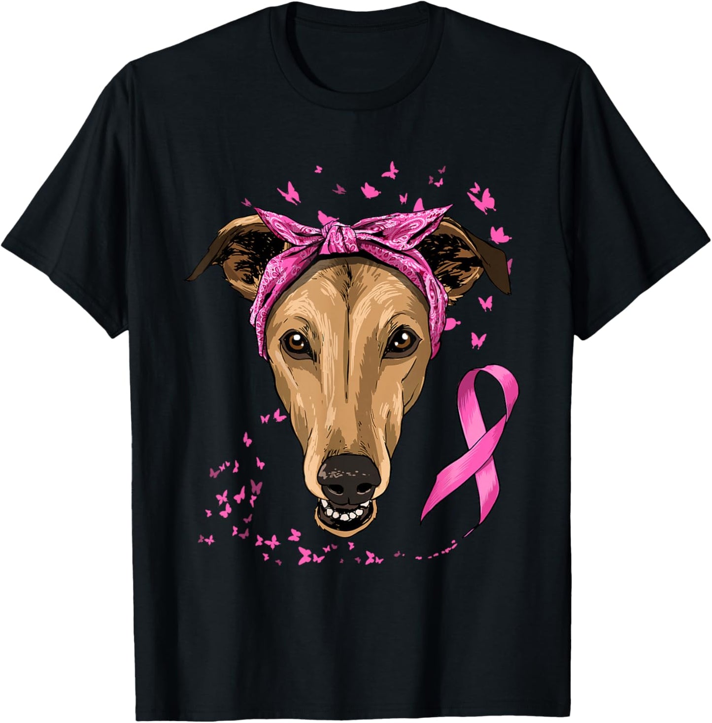 Greyhound Pink Ribbon Breast Cancer Awareness Survivor T-Shirt - T-Shirt | Black