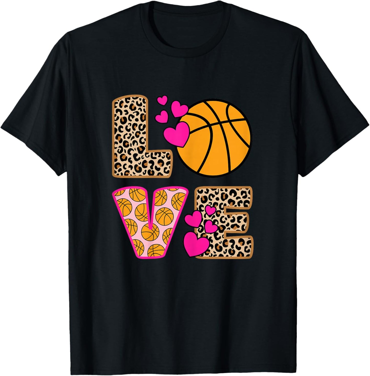 Cute Love Basketball Leopard Print Women Girls Basketball Small T-Shirt - T-Shirt | Black