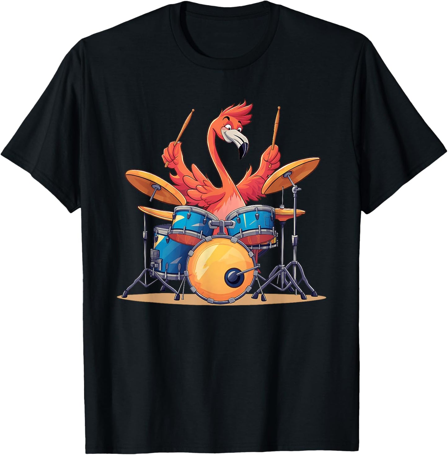 Cute Flamingo Playing Drums Flamingos Drummer Music T-Shirt - T-Shirt | Black