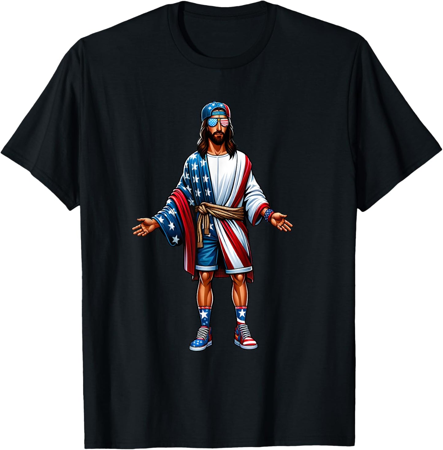 Love Jesus and America Too USA Flag July 4 Christian Church T-Shirt - T-Shirt | Black