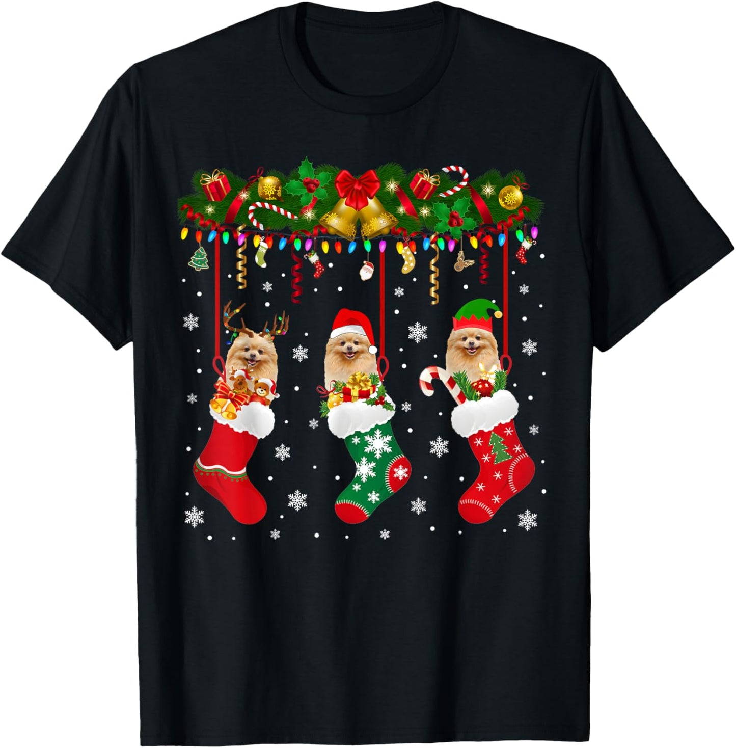 Pomeranian In Sock Xmas Reindeer Santa ELF Dog T-Shirt - T-Shirt | Black