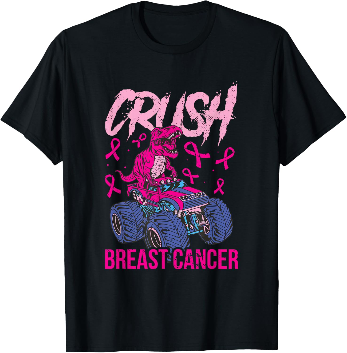 Crush Breast Cancer Awareness Monster Truck Boys Girls Dinos T-Shirt - T-Shirt | Black