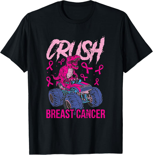 Crush Breast Cancer Awareness Monster Truck Boys Girls Dinos T-Shirt - T-Shirt | Black