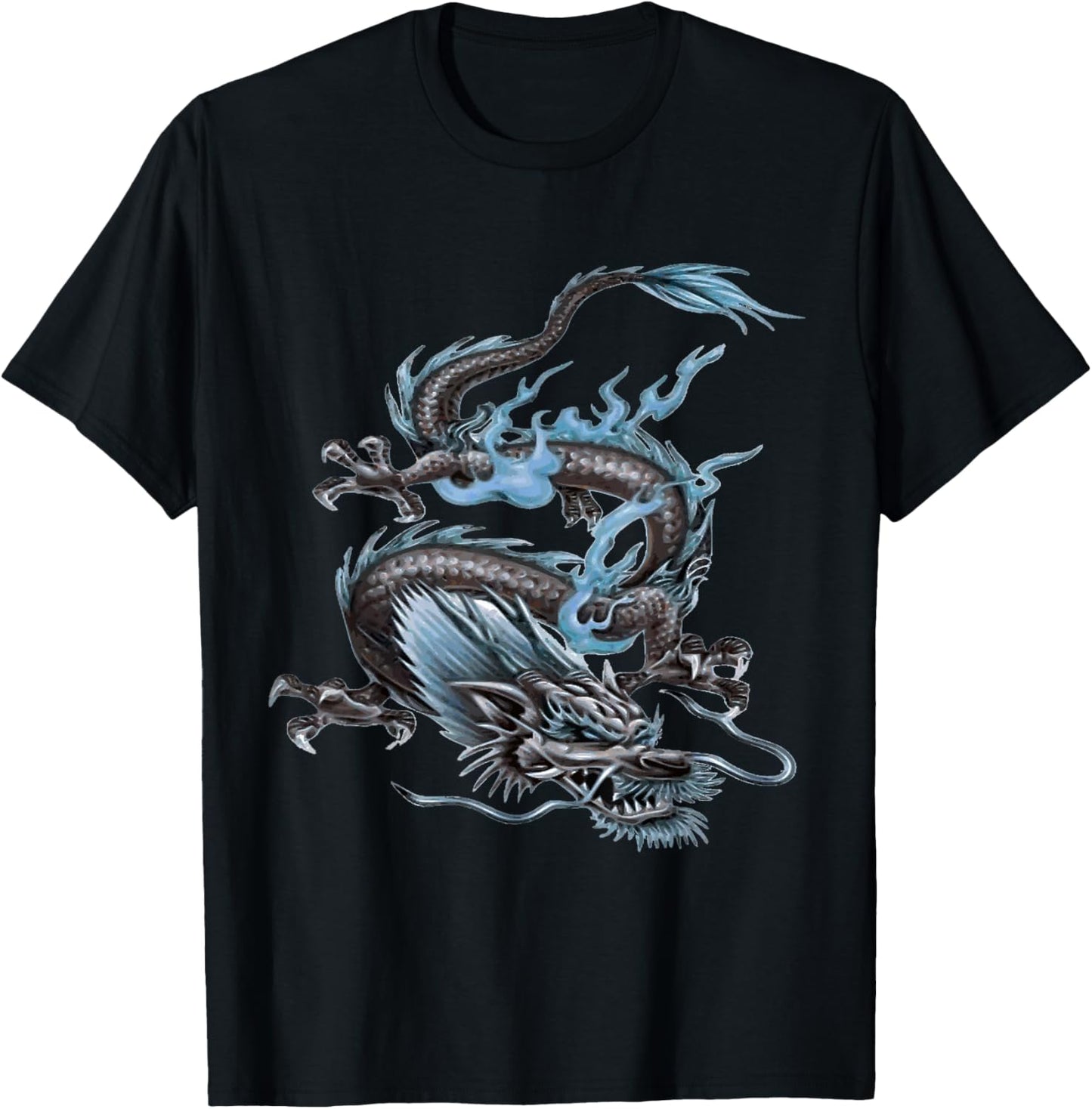 Chinese Fire Dragon In Light Gray And Pale Blue T-Shirt - T-Shirt | Black