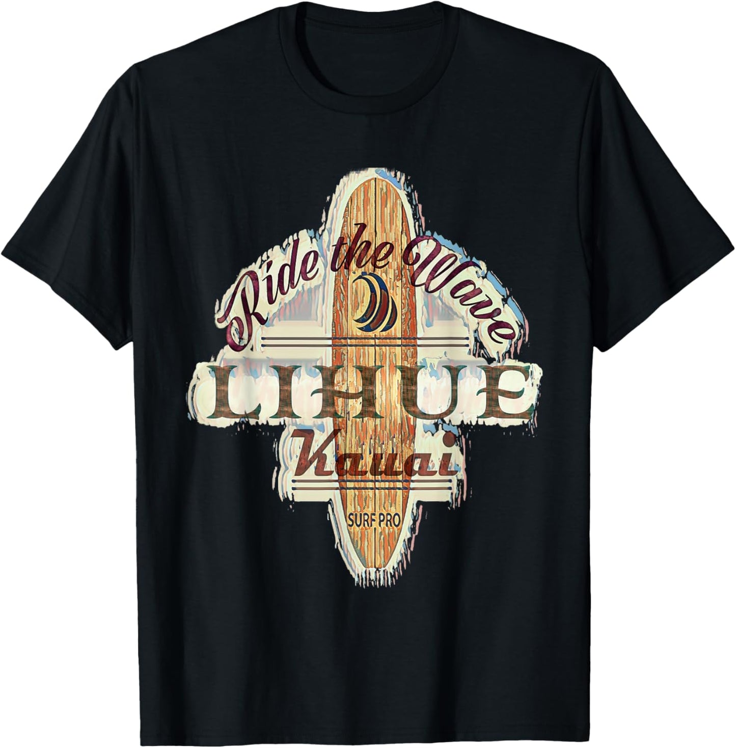 Surfing, Surfboard, Distressed Longboard Lihue Kauai T-Shirt - T-Shirt | Black