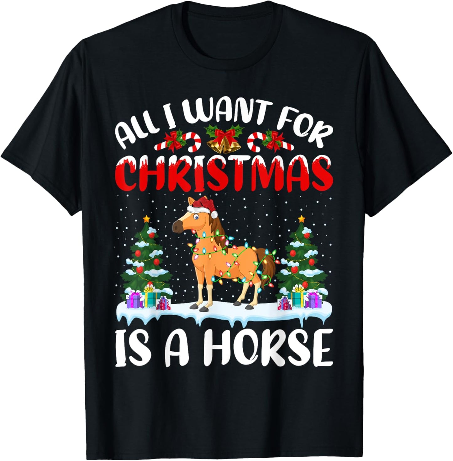 Funny Santa Hat All I Want For Christmas Is A Horse T-Shirt - T-Shirt | Black
