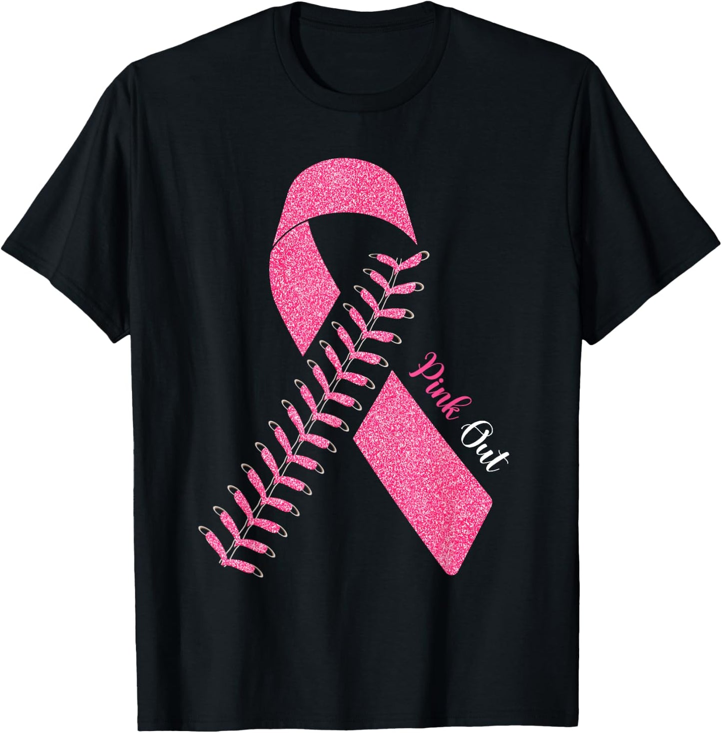 Pink Out Breast Cancer Awareness Baseball Ball & Pink Ribbon T-Shirt - T-Shirt | Black