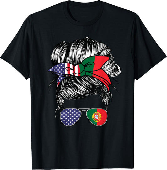 Portugal Flag American Women Girl USA Heritage Portuguese T-Shirt - T-Shirt | Black