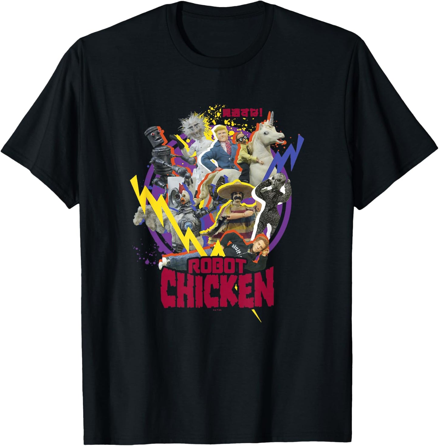 Robot Chicken Classic Characters Colorful Kanji Group Shot T-Shirt - T-Shirt | Black