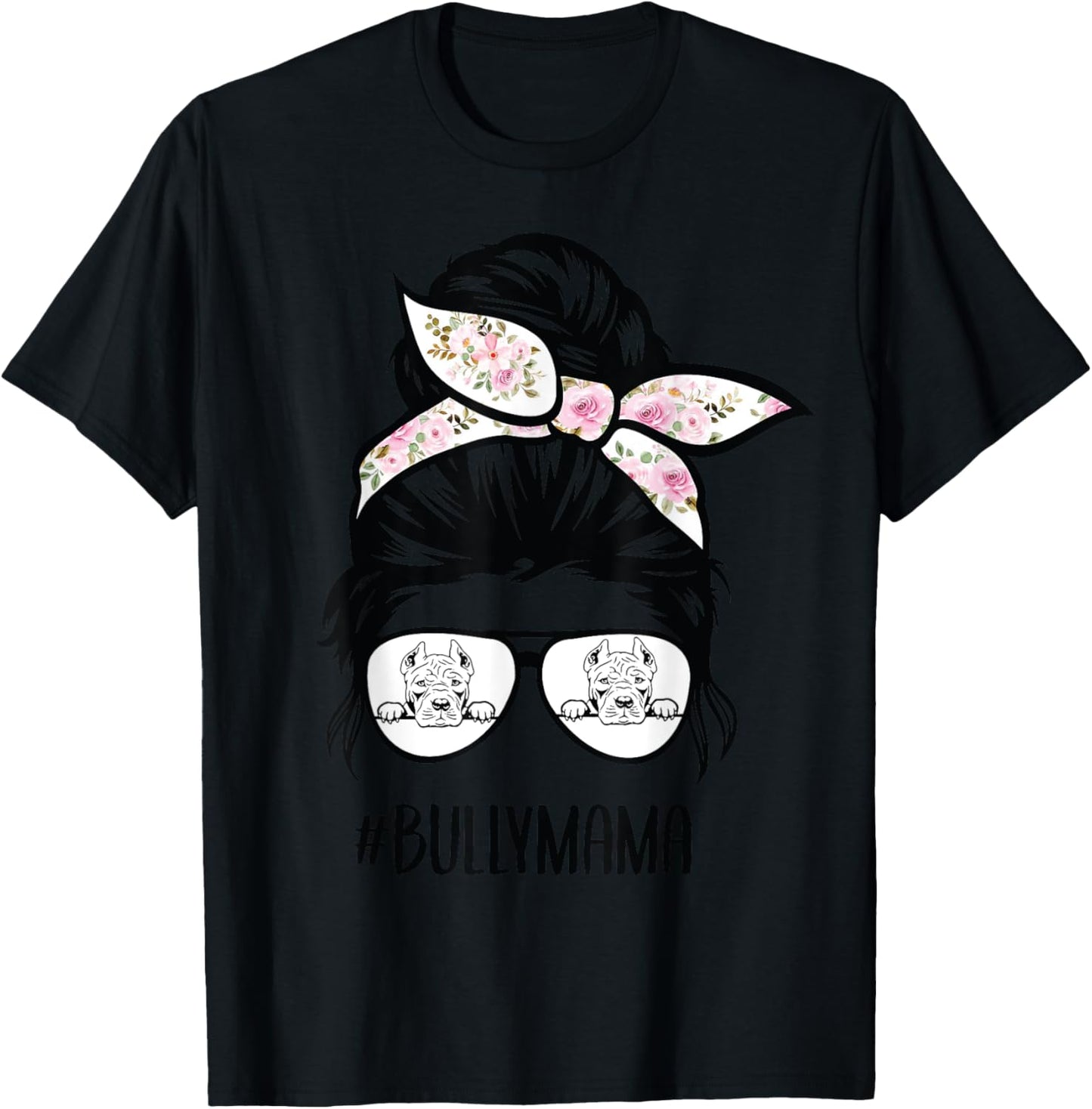 American Bully Mom messy bun hair glasses, Bully mama T-Shirt - T-Shirt | Black