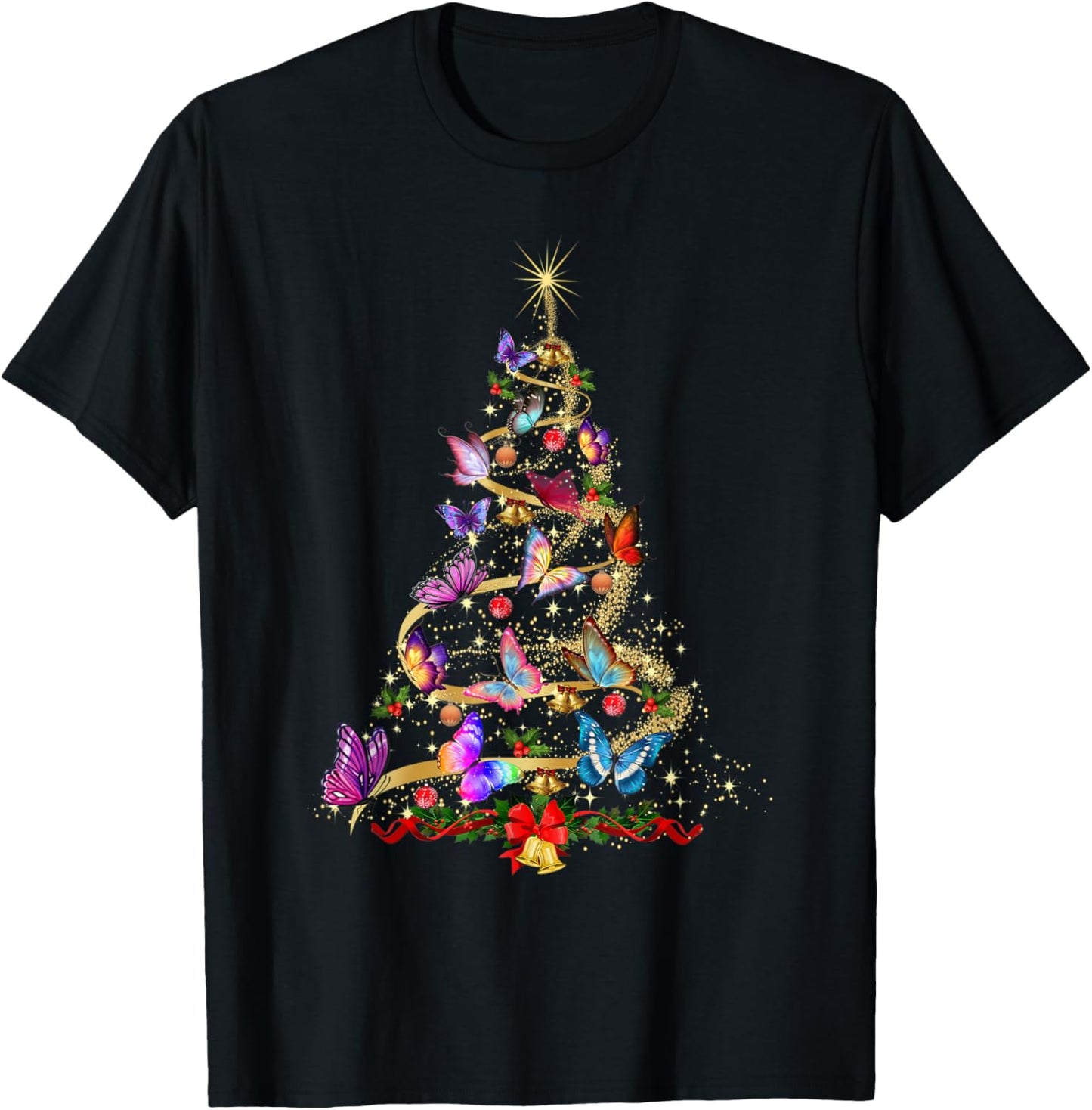 Butterfly Christmas Lights Women Girl Xmas Pajama Butterfly T-Shirt - T-Shirt | Black