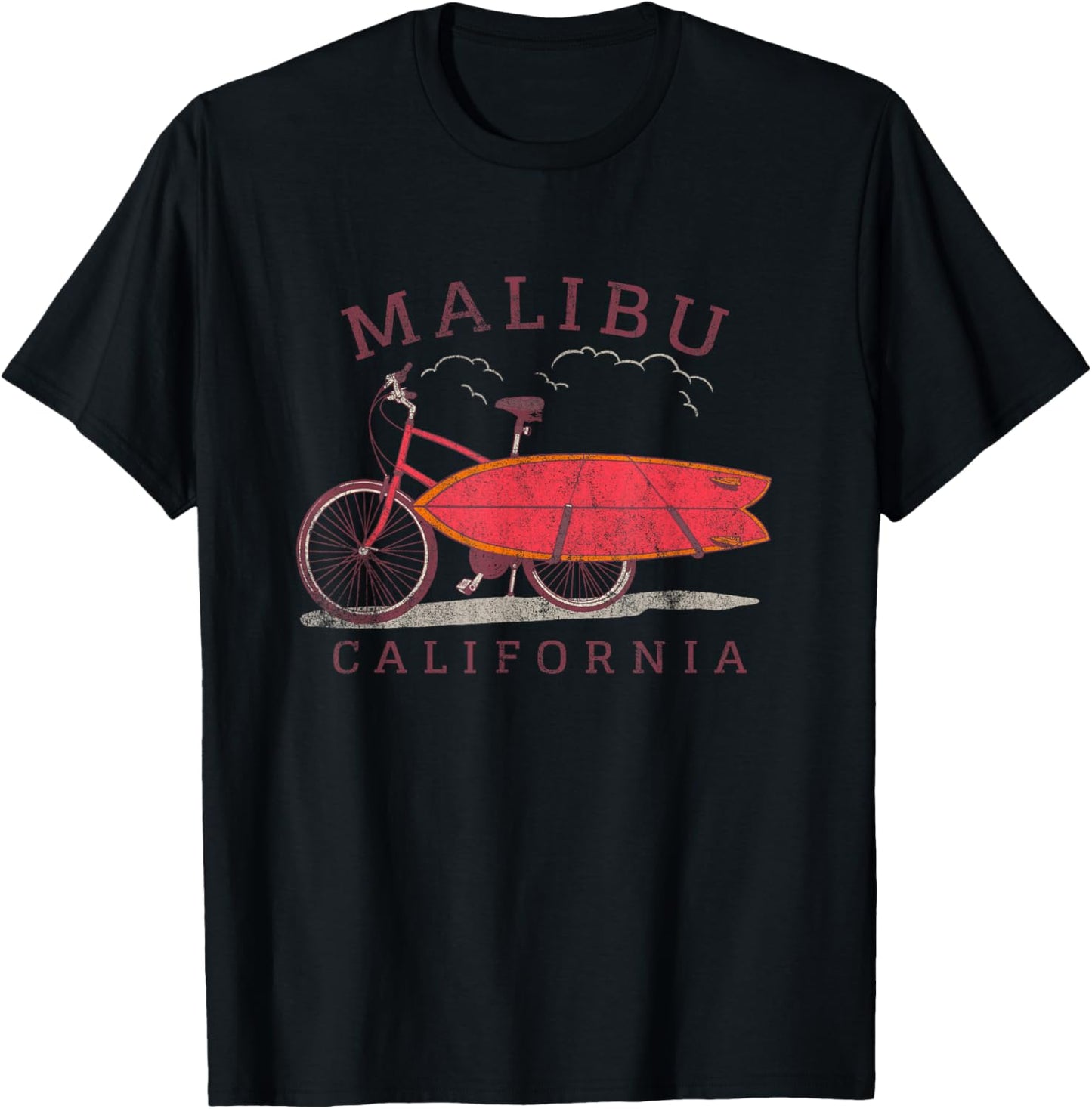 Retro Malibu California Surfing Fan Surfboard Bicycle Art T-Shirt - T-Shirt | Black