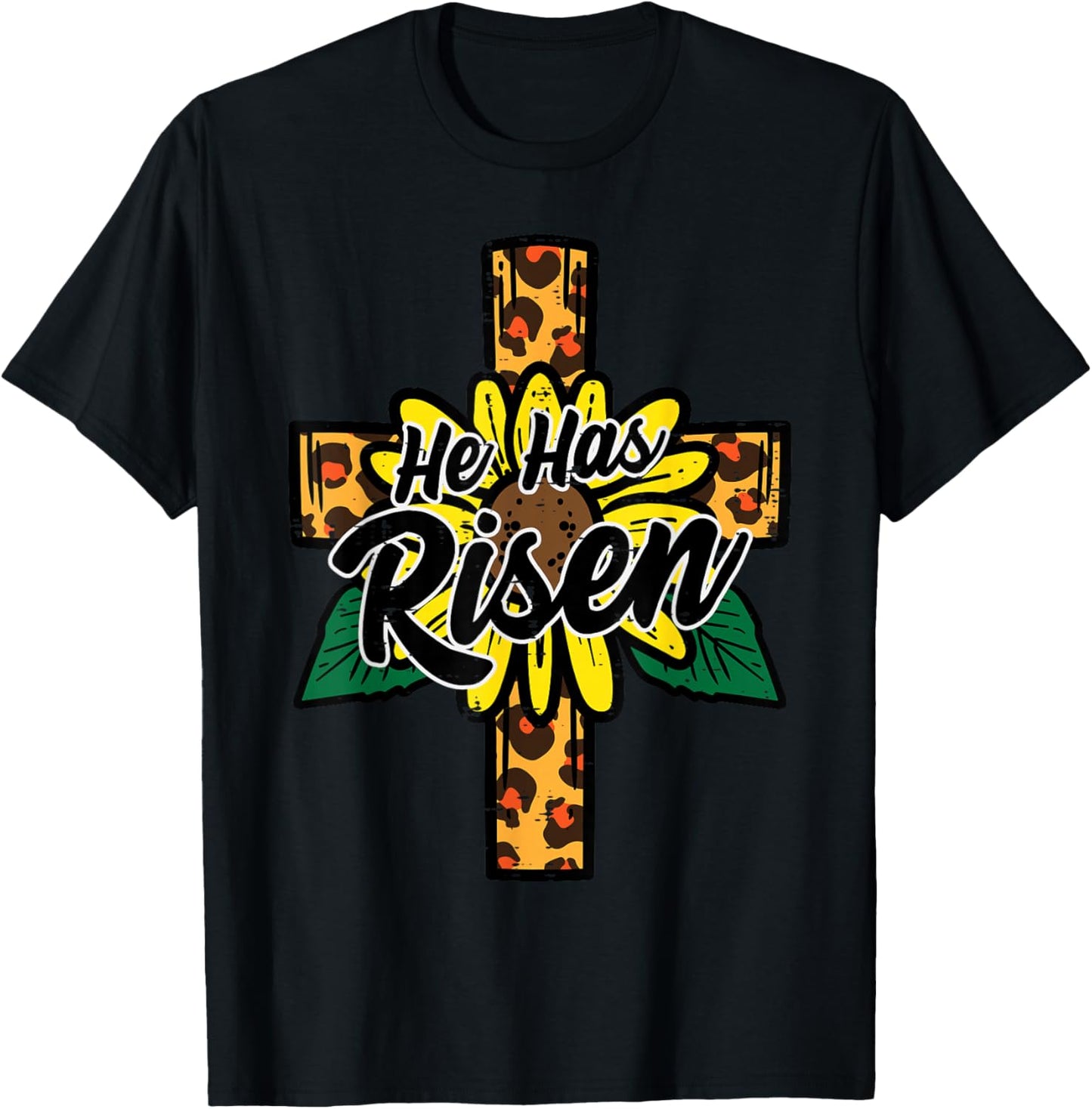 He Has Risen Leopard Cross Religious Easter Christian Women T-Shirt - T-Shirt | Black