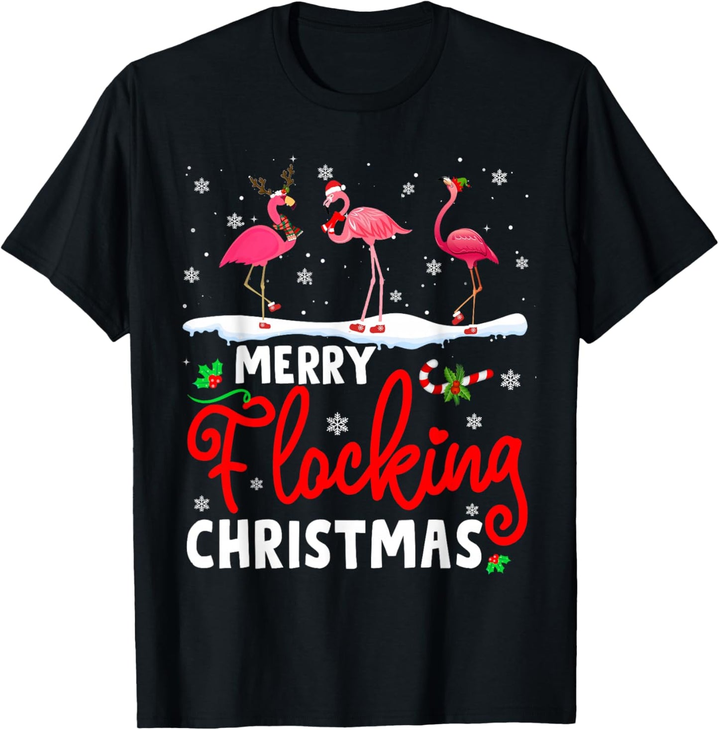 Merry Flocking Christmas Reindeer Santa ELF Flamingo Xmas T-Shirt - T-Shirt | Black