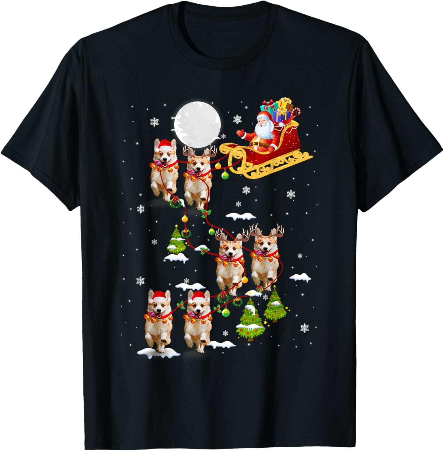 Santa Riding Corgi Sleigh Christmas Corgi Reindeer T-Shirt - T-Shirt | Black