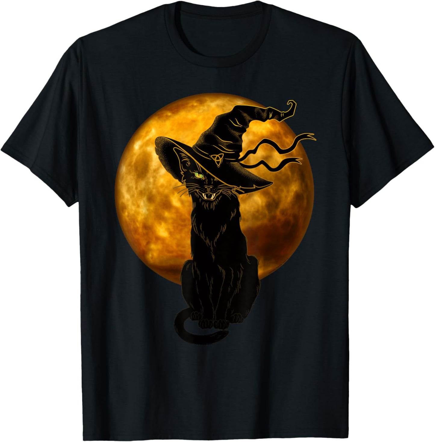 Scary Vintage Black Cat with Witch Hat Full Moon - Halloween T-Shirt - T-Shirt | Black